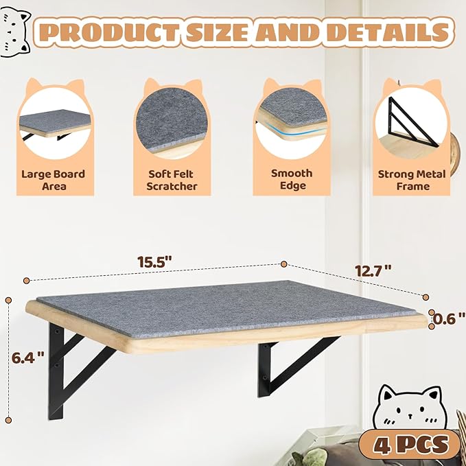 Burlywood Cat Shelves: Set of 4 Wood Cat Furniture Indoors - Image 7