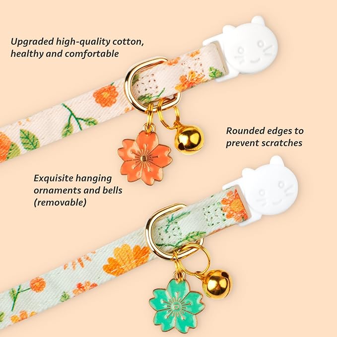 2 Pack Cotton Breakaway Cat Collar Beige and Green Flowers Pendant Cute Kitten - Image 2