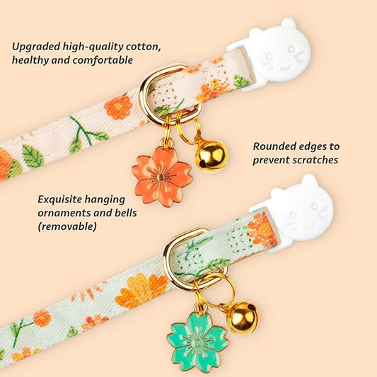 2 Pack Cotton Breakaway Cat Collar Beige and Green Flowers Pendant Cute Kitten - Image 2