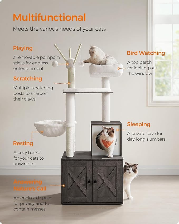 Feandrea Cat Tree with Litter Box Enclosure, 59-Inch Modern Cat Tower, 2-in-1 - Image 3