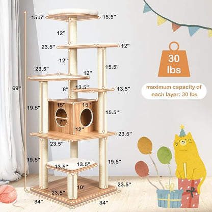 PETSITE 69 Inches Tall Cat Tree, Modern Wooden Cat Tower - Image 5