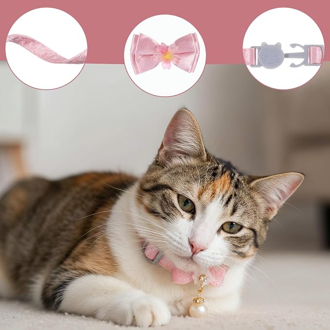 Larrel 2 Pcs Pink Cat Collar Bow, Adjustable Comfortable Pearl Cat Collar - Image 3