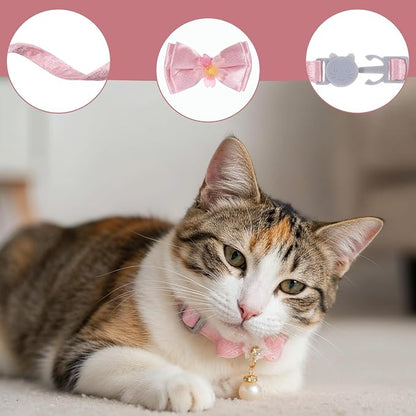 Larrel 2 Pcs Pink Cat Collar Bow, Adjustable Comfortable Pearl Cat Collar - Image 3
