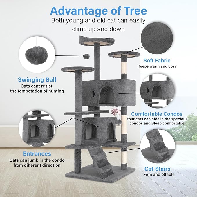 FDW | 54" Cat Tree Tower | Light Gray | Multi-Level Indoor Activity Center - Image 3