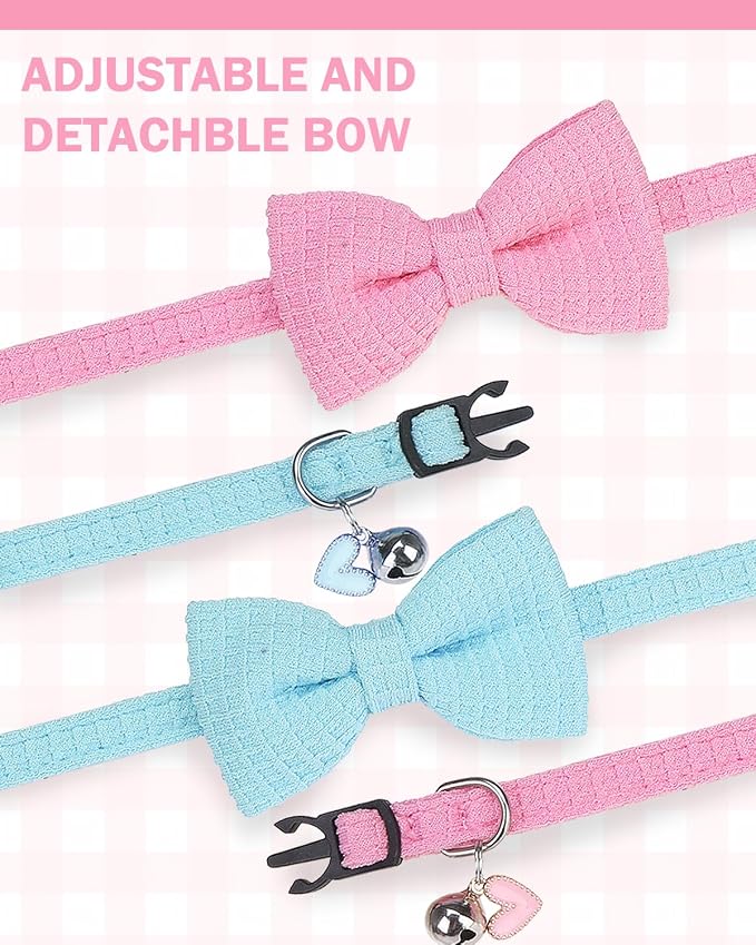 Cat Collar Breakaway with Bells, Soft Cotton Pink Cat Bowtie Collar - Image 3