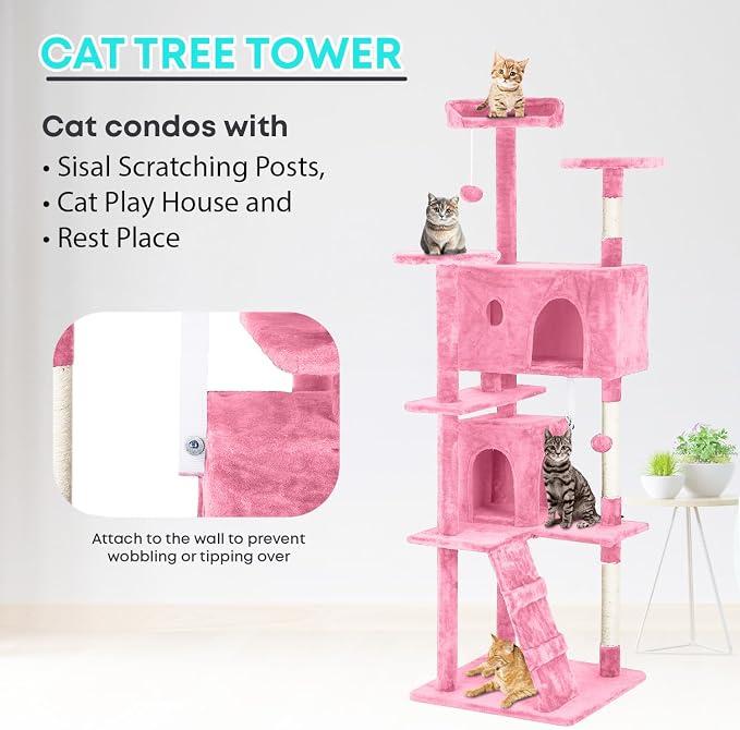 FDW | 70" Cat Tree Tower | Pink | Multi-Level Indoor Activity Center - Image 6
