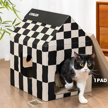 Cardboard Cat House with Scratch Pad & Catnip, Cat Play Scratching House by Conlun