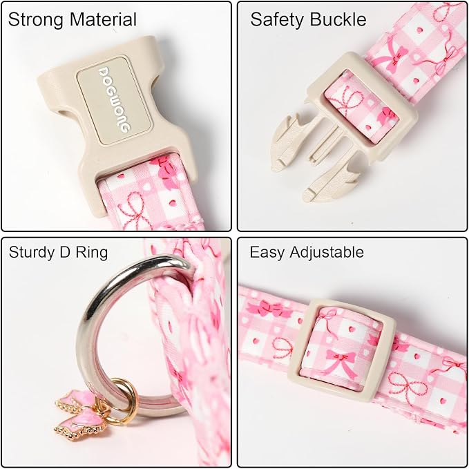 DOGWONG Pink Plaid Dog Collar-Cute Pink Bowtie Print Dog Collar, Adjustable - Image 3