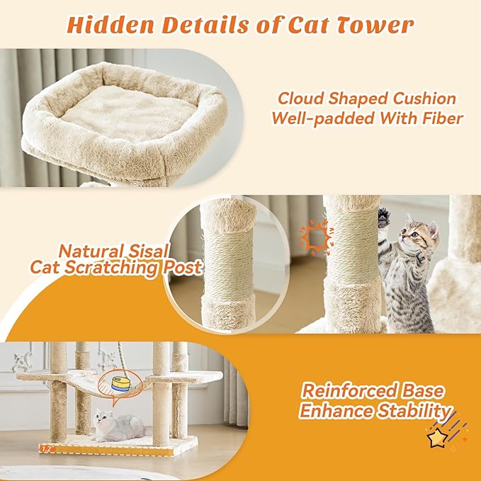 Large Cat Tree 66 Inch, Sisal Scratching Posts and Hammock, Pet Play House - Image 3