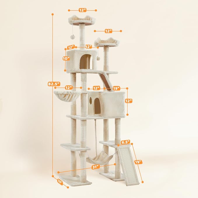 Yaheetech Cat Tree, 82.5in Large Tower w/Hammock, 2 Kitty-Ear Perches, 2 Cozy - Image 3