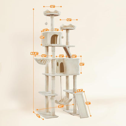 Yaheetech Cat Tree, 82.5in Large Tower w/Hammock, 2 Kitty-Ear Perches, 2 Cozy - Image 3