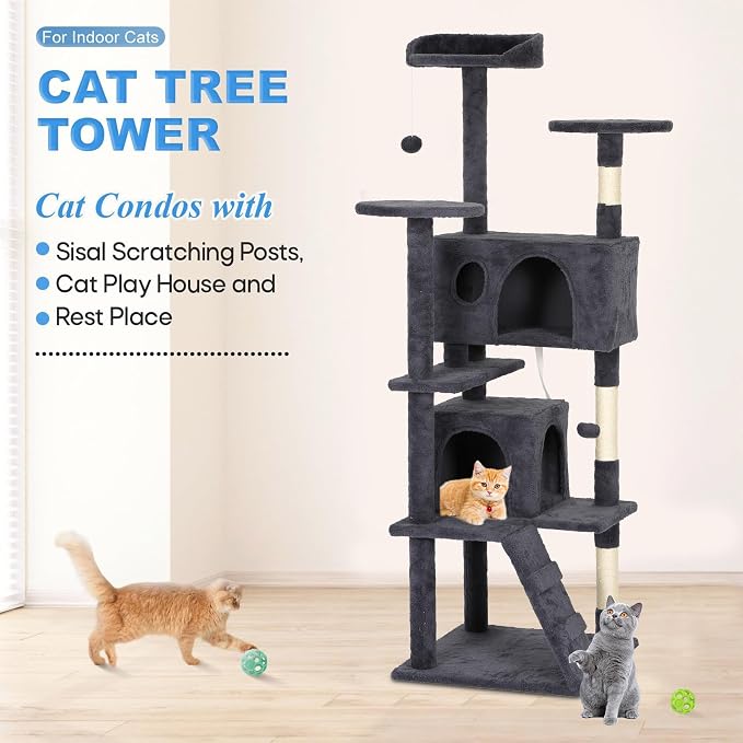 FDW | 62" Cat Tree Tower | Dark Gray | Multi-Level Indoor Activity Center - Image 2