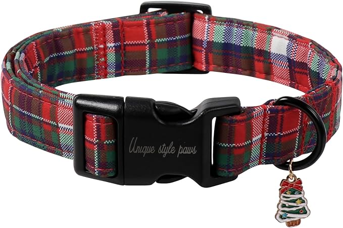 Christmas Dog Collar, Unique Style Paws Red Green Grids Dog Collar by Uniquestylepaws