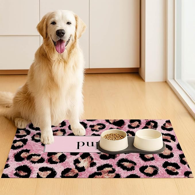 Puppy Feeding Mat 20x12 inch Pink Leopard Print Dog Bowl Placemat Non Slip Mat - Image 3