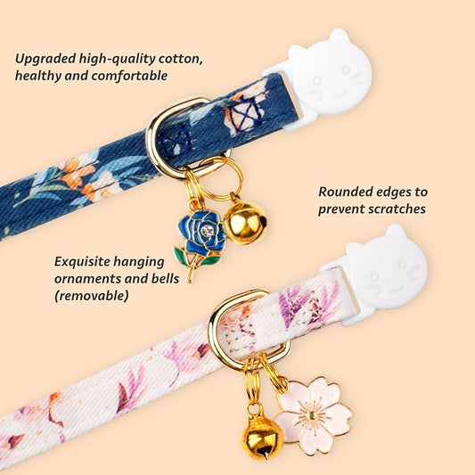 2 Pack Cotton Breakaway Cat Collar White and Blue Flowers Pendant Cute Kitten - Image 2