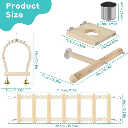 5in1 Bird Perch Ladder with Swing, Natural Wood Parrot Perches Platform with - Image 2