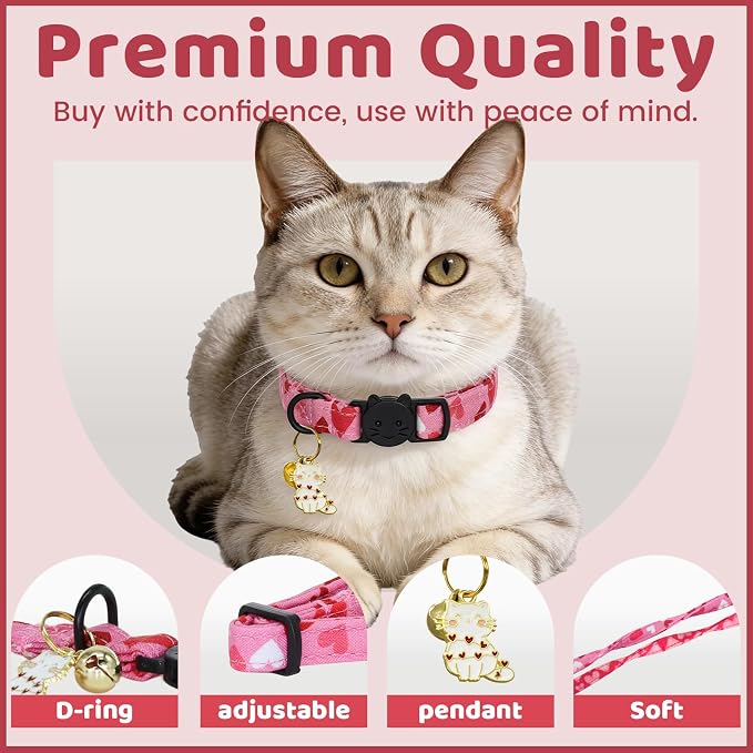 Valentine Cat Collar-2 Pack Collars Red and Pink Love-Heart Print Breakaway - Image 2