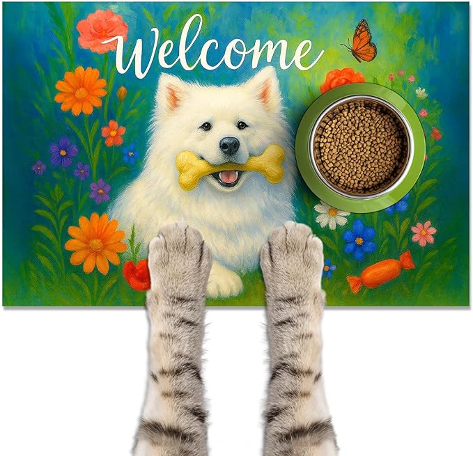Welcome Spring Pet Feeding Mat 24" x 16"White Dog Floral Design Non Slip Cat by HOMETITUTE