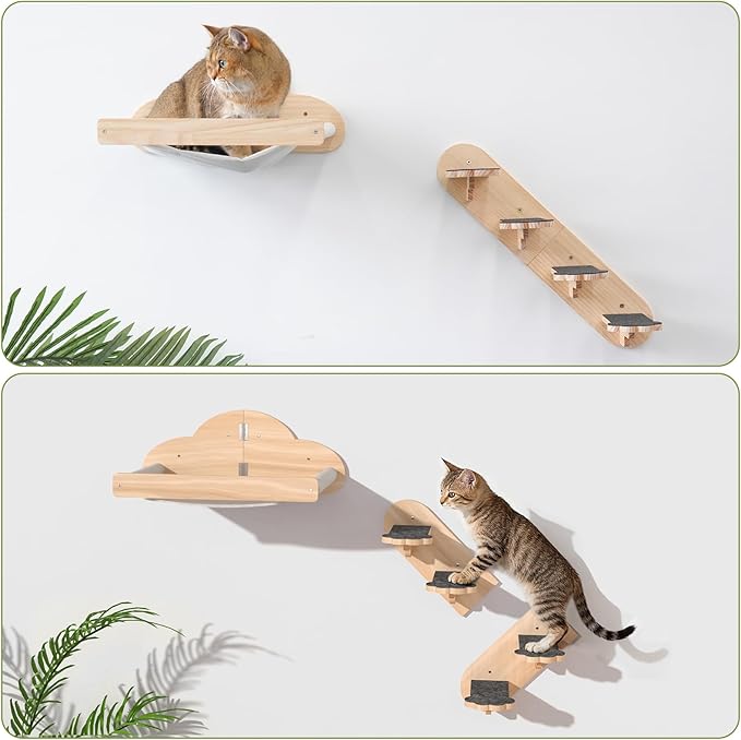 Wall Mounted Cat Hammock with 3 Climbing Steps, Pine Wood Cat Climbing Shelves - Image 4
