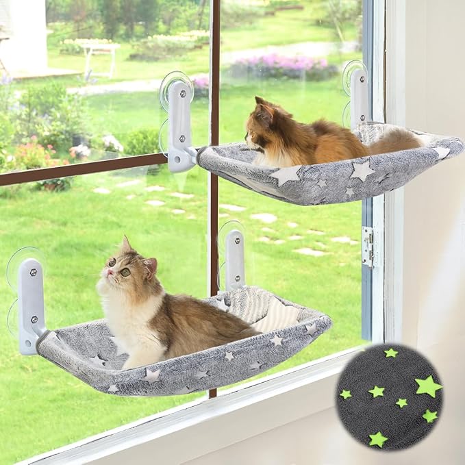 2PC Cat Window Perch, Glow in The Dark Cordless Foldable Pet Hammock Bed by Zoratoo