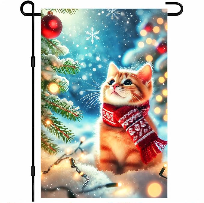 Christmas Garden Flag Winter Flag Cute Kitten Scarf Snow Scene Outdoor Yard by BlissYard