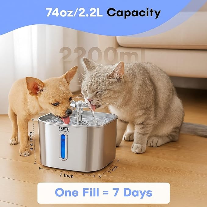 Stainless Steel Cat Water Fountain – 2.2L/74oz Ultra-Quiet Pump, Visible Water - Image 3