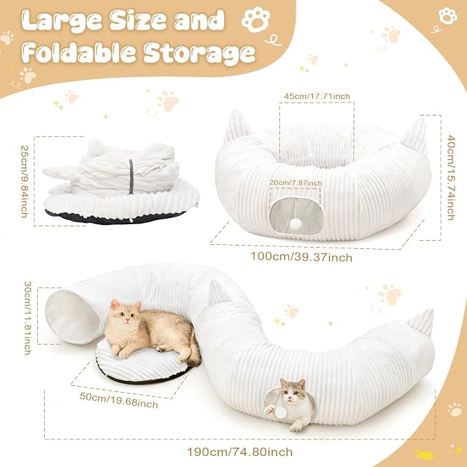 OurWarm White Plush Cat Tunnel Bed Under Christmas Tree, 95cm Large Cat Tunnel - Image 2