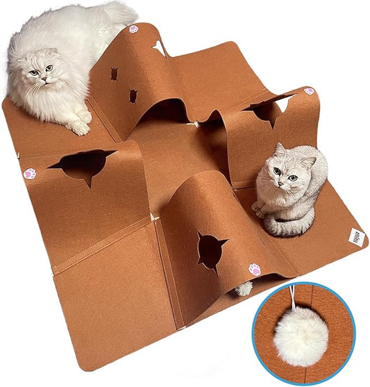 Interactive Cat Tunnel Mat for Indoor Cats, 4-Way Felt Cat Cave by Home