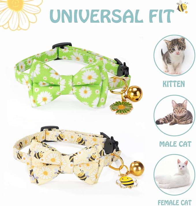 Breakaway Cat Collar with Cute Bow Tie Bell 2Pack Daisy Bee Pattern - Image 4