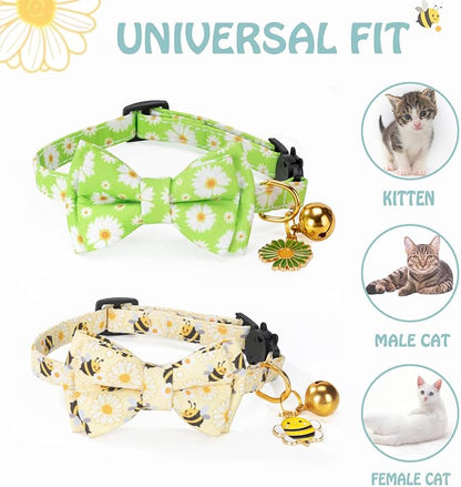 Breakaway Cat Collar with Cute Bow Tie Bell 2Pack Daisy Bee Pattern - Image 4