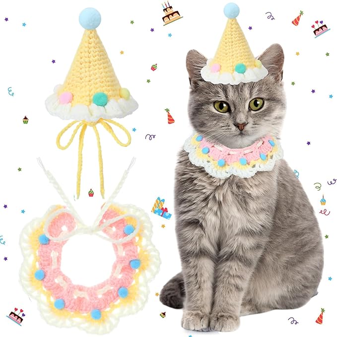 Sanwuta 2 Pcs Cat Birthday Party Supplies, Knit Cat Hat Kitten Birthday Bib by Sanwuta