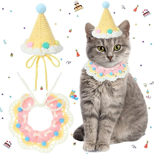 Sanwuta 2 Pcs Cat Birthday Party Supplies, Knit Cat Hat Kitten Birthday Bib by Sanwuta