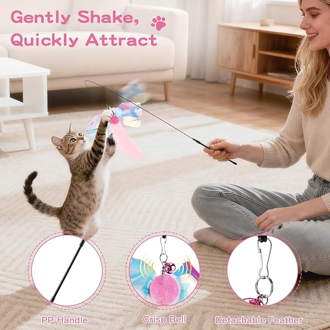 Pawaboo Feather Teaser Cat Toy, Interactive Feather Wand Cats Toy Flying - Image 3