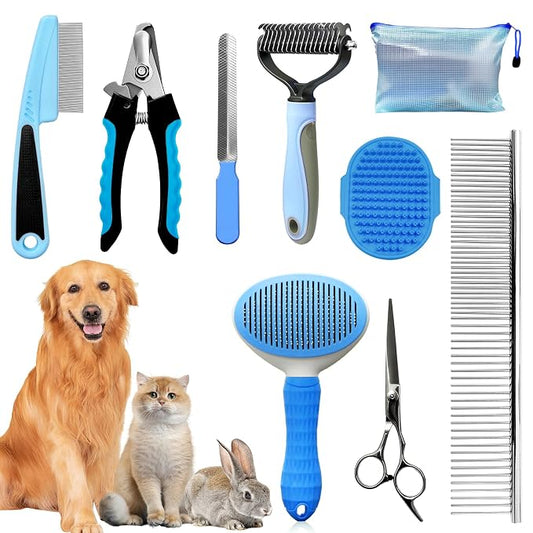 Dog Brush & Grooming Kit – 9-Piece Pet Brush & Deshedding Set by Aiolpy