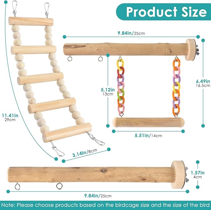 Bird Perches Ladder with Swing, Natural Wood Parrot Climbing Bridge Perch Toys - Image 2