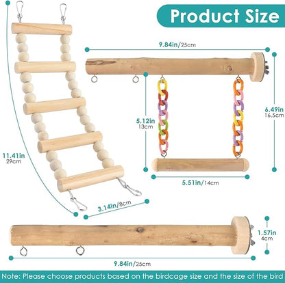 Bird Perches Ladder with Swing, Natural Wood Parrot Climbing Bridge Perch Toys - Image 2
