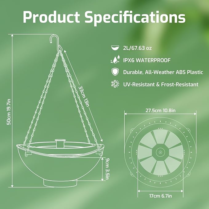 Solar Bird Bath with Fountain and Battery Backup, 3-in-1 Hanging or - Image 7