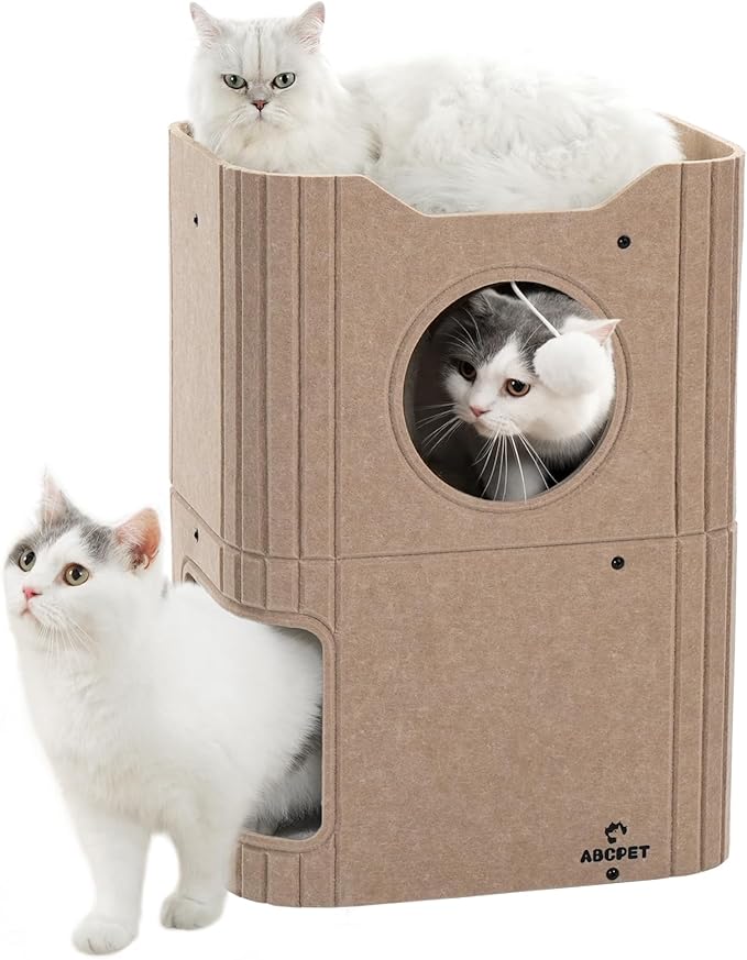Cat House for Indoor Cats, 2-Storey Cat Bed Cave, Felt Cat Hideaway Condo by ABCPET