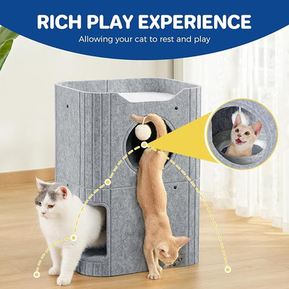 Cat House for Indoor Cats, 2-Storey Cat Bed Cave, Felt Cat Hideaway Condo - Image 8