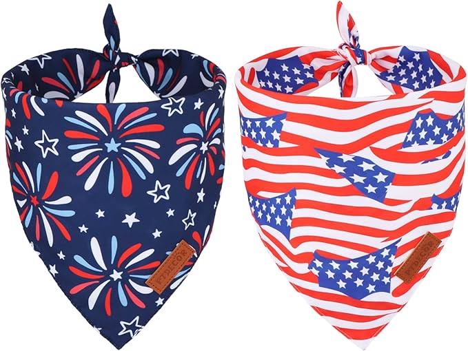 PTDECOR American Flag Dog Bandana 4th of July Dog Scarf Reversible Red Blue by PTDECOR