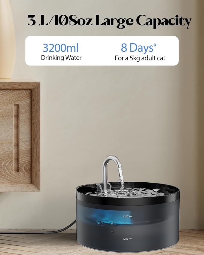 Cat Water Fountain for Cats Indoor: GIOTOHUN 108oz/3.2L Black Cat Drinking - Image 3