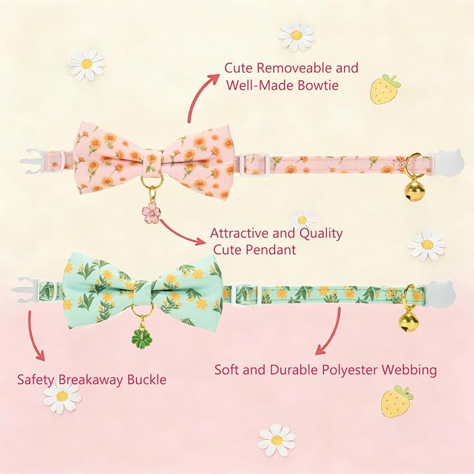2 Pack Floral Cat Collars with Bow Tie and Bell Adjustable Breakaway Bowtie - Image 2