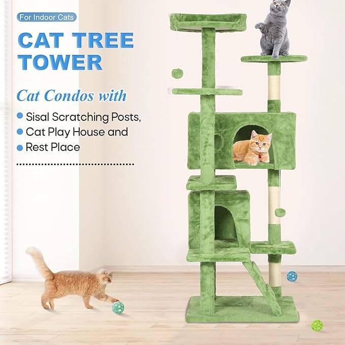 FDW | 54" Cat Tree Tower | Green | Multi-Level Indoor Activity Center - Image 3