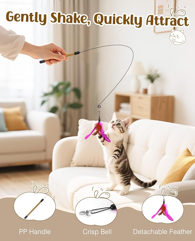 Pawaboo Feather Teaser Cat Toy, Interactive Feather Wand Cats Toy Flying - Image 3