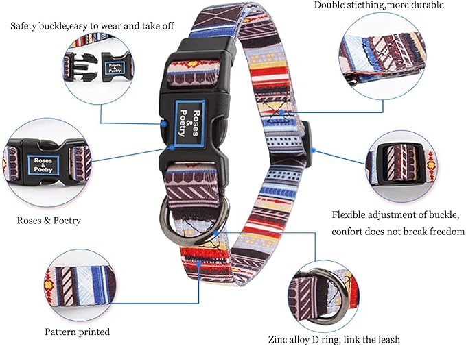 Roses&Poetry Dog Collar with Colourful Stripe Patterns, Adjustable Durable - Image 2