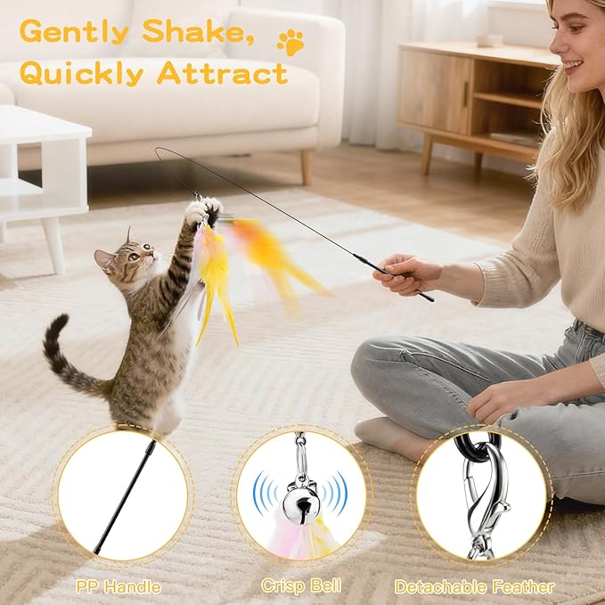 Pawaboo Feather Teaser Cat Toy, Interactive Feather Wand Cats Toy Flying - Image 3