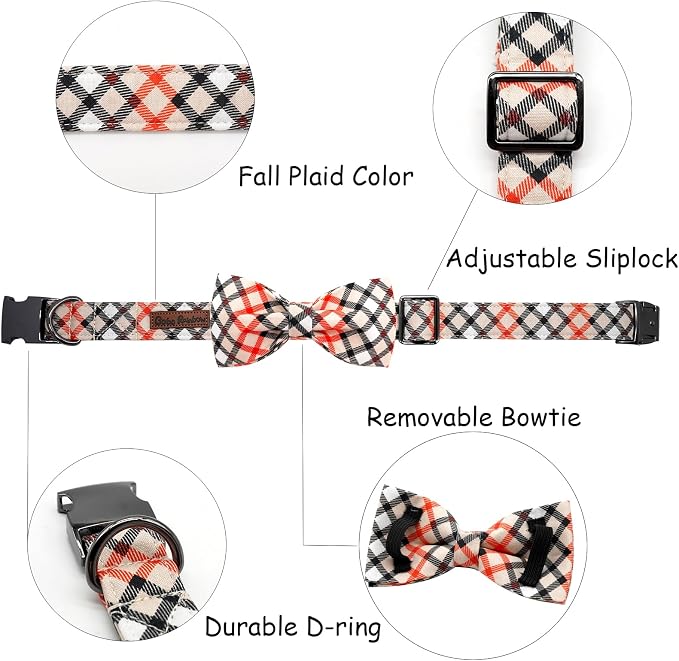 Dog Collar, Bow Dog Collar Beige Plaid Pet Collar Cute Pet Bow Soft Girl or Boy - Image 2