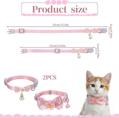 Larrel 2 Pcs Pink Cat Collar Bow, Adjustable Comfortable Pearl Cat Collar - Image 2