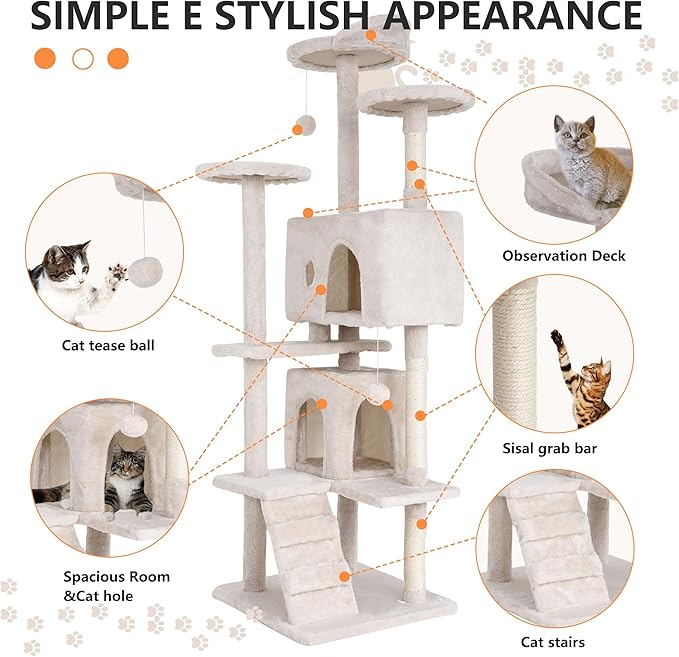 BestPet | 70" Cat Tree Tower | Beige | Sturdy, Hanging Cat Toys, Observation - Image 6