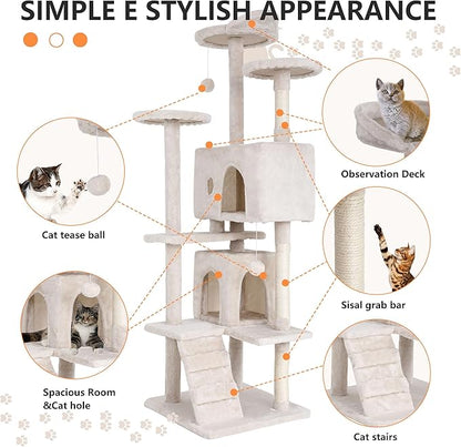 BestPet | 70" Cat Tree Tower | Beige | Sturdy, Hanging Cat Toys, Observation - Image 6
